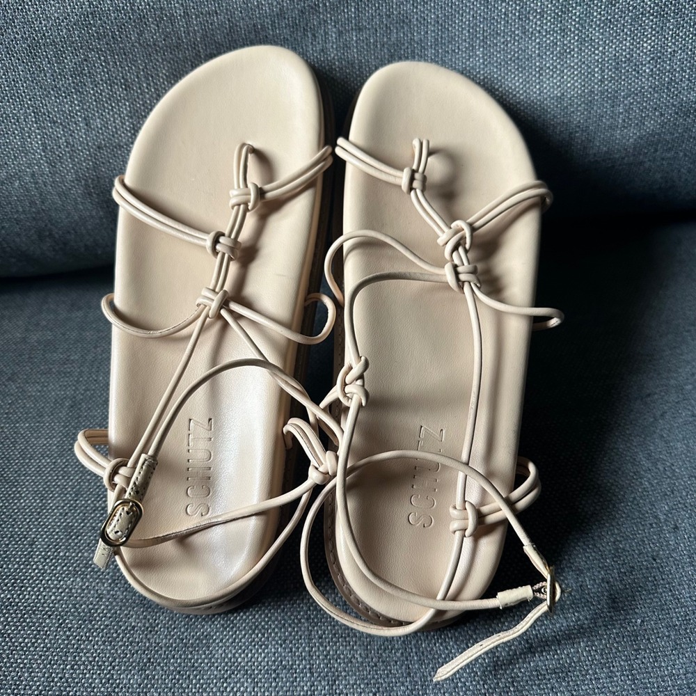 Schutz Calabria Sporty Beige Leather Knotted Strappy Platform Sandals Size 8B